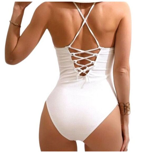 Shell Cup Swimsuit One Piece White Jeweled Straps Size XL Shein Underwired Swim - Picture 2 of 13
